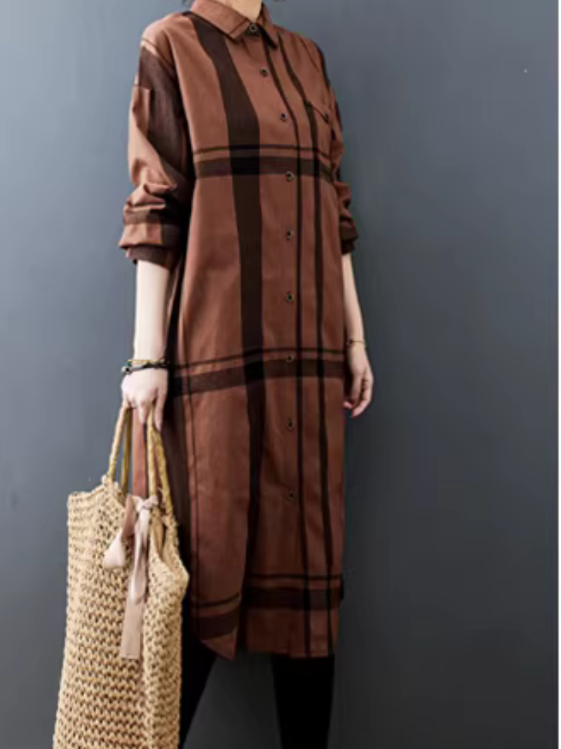 Women’s Relaxed Check Shirt Dress in Cotton Blend, Button-Down Midi