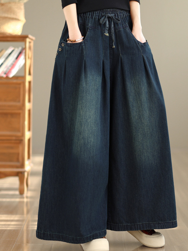 Relaxed Wide-Leg Denim Cotton Palazzo Pants with Drawstring Waist and Deep Pockets