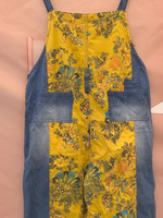Boho Vintage Print Dungarees with Denim Panels - Cropped Loose Overalls