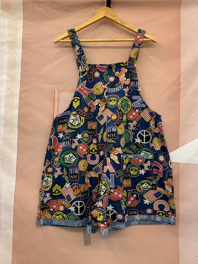 Graphic Print Short Dungarees - NYC Patchwork Denim Style