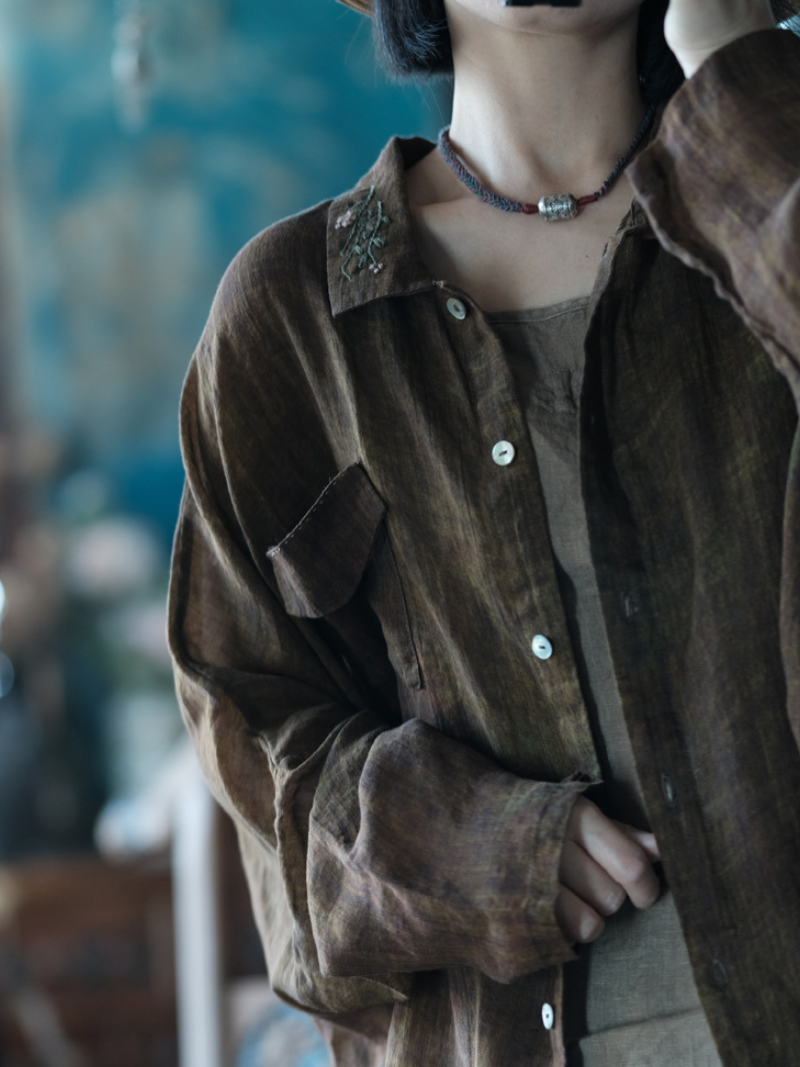 Women’s Vintage Ramie Embroidered Collar Shirt Top