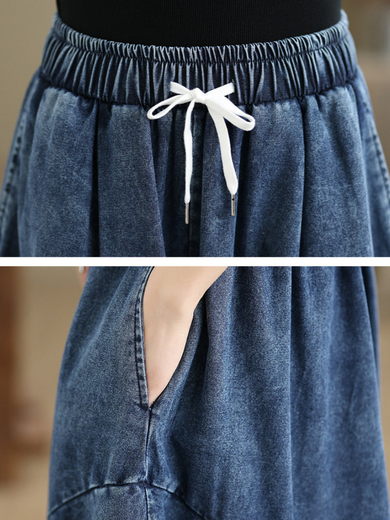 Artful A-Line Denim Maxi Skirt with Drawstring Waist, Cotton Comfort