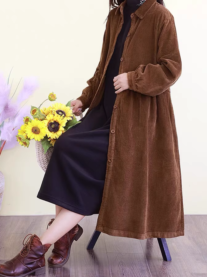 Fine Corduroy A-Line Midi Shirt Dress with Pockets and Collar