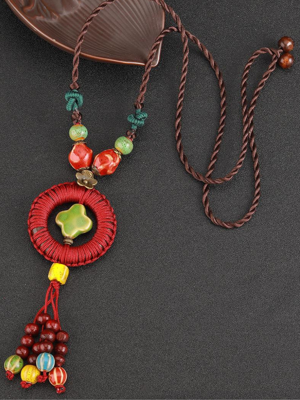 Cadena de estilo étnico estético chino colgante de collar de cerámica de estilo chino tejido a mano de mujer