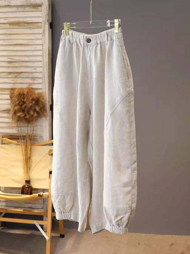 Relaxed Lantern Cotton Linen Pants with Elastic Cuffs, Effortless Summer Chic