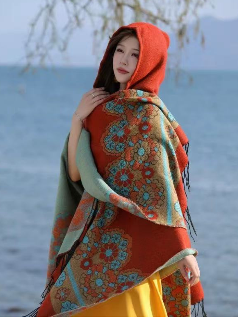 Cozy Weekend Wrap Cape — Vintage Floral Hooded Poncho, Flattering Drape
