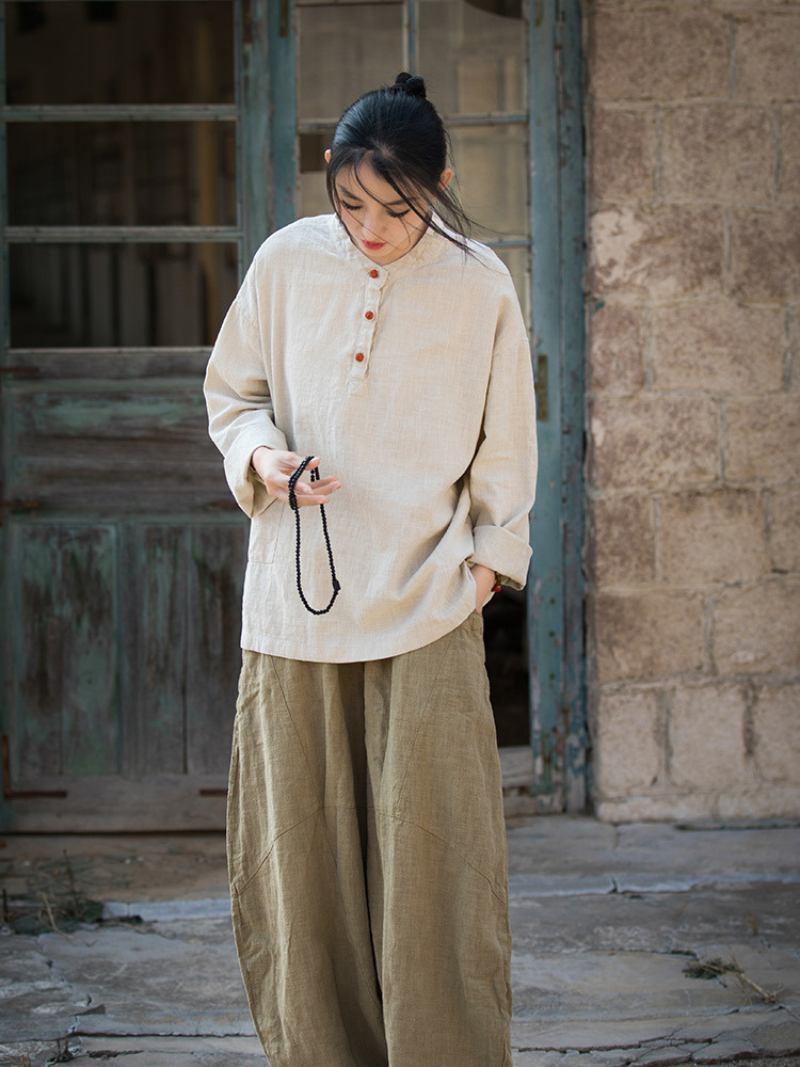 Artisan Mandarin-Collar Linen Blouse with Henley Buttons, Relaxed Silhouette, Pocket