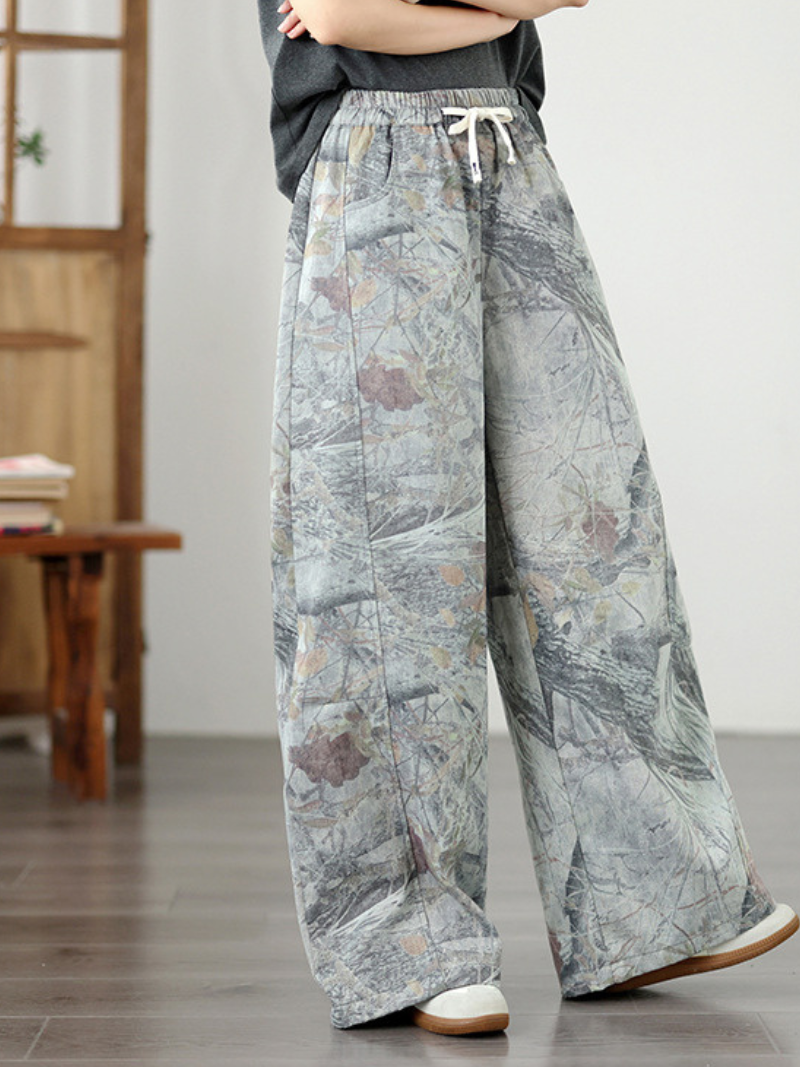 Women's Artful Wide-Leg Denim Cotton Pants with Elastic Drawstring Waist