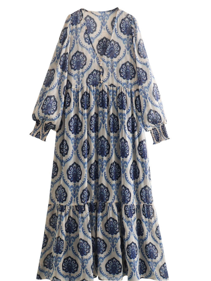 Robe imprimée en V géométrique A-Line à manches longues à manches longues à manches longues