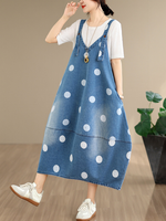 Polka Dot Denim Dress in Cotton, Relaxed A-Line Pinafore Midi
