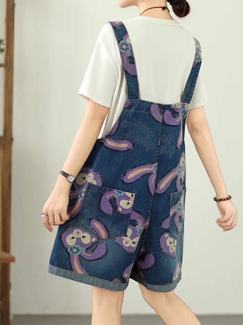 Cartoon Style Printed Denim Short Overalls for Women | Eva Trends