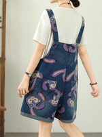 Cartoon Style Printed Denim Short Overalls for Women | Eva Trends