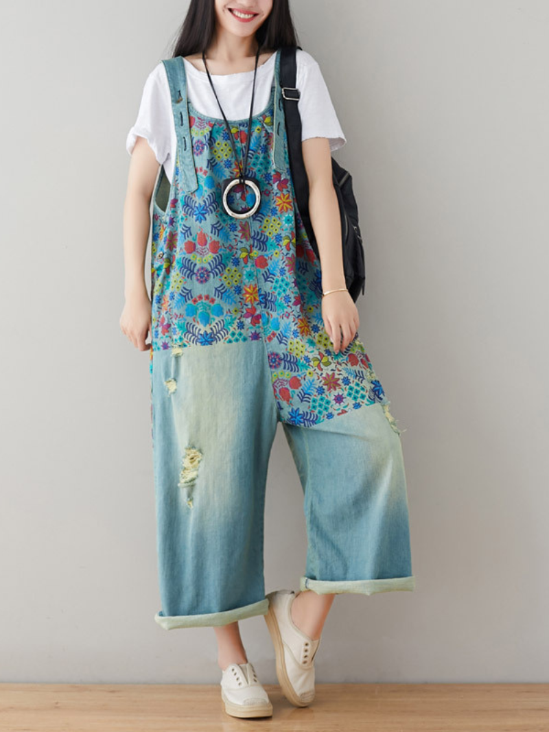 Women's Clothing Printed Jeans White Holes Wide Leg Overalls Dungarees