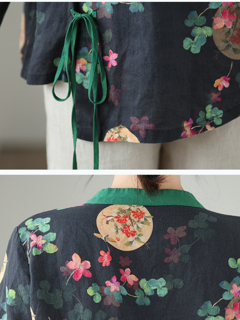 Artisanal Cotton-Linen Floral Blouse with Mandarin Collar and Wrap Detail