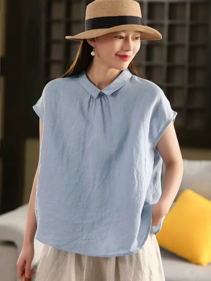 Women’s Ramie Collar Shirt Top Loose Fit Casual Wear