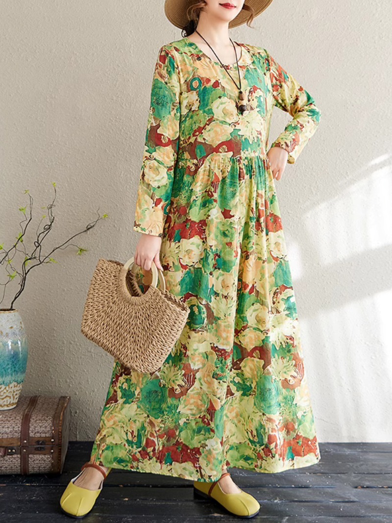 Women's Spring Loose Green Flower Printed Smock dress