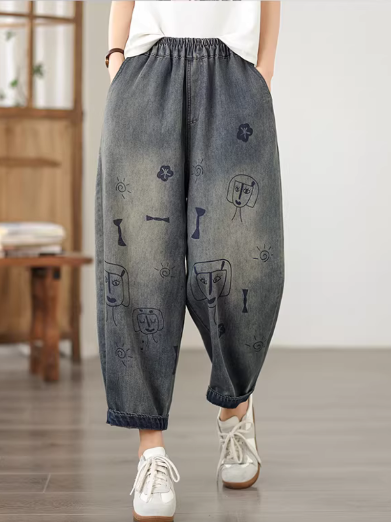 Artful Doodle Denim Cotton Tapered Pants, Relaxed Casual Women’s Jeans
