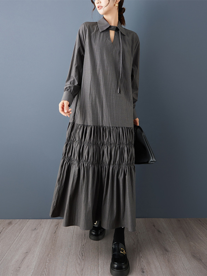 Chic Collared Tiered Maxi Dress with Tie Neck and Ruched Hem