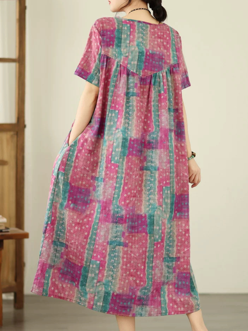 Artisanal Boho Midi Dress in Cotton Linen Blend, Relaxed Painterly Print