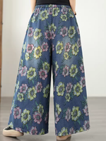 Floral Wide-Leg Denim Cotton Palazzo Pants with Pockets, Effortless Chic