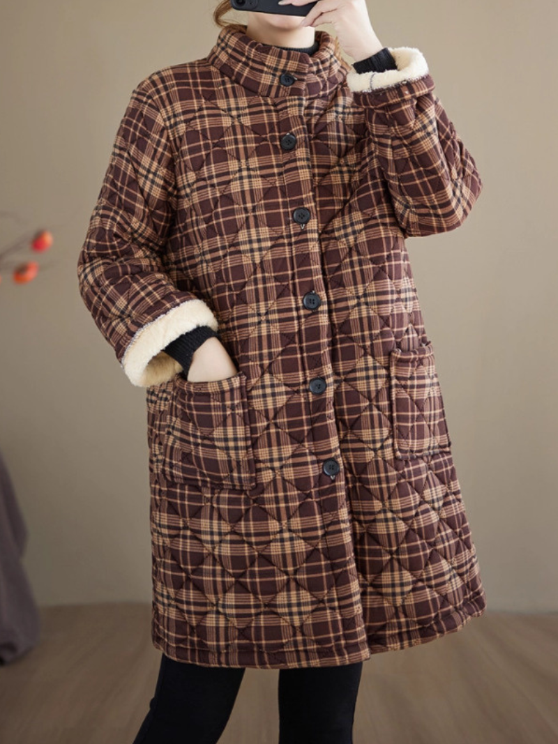 Quilted Plaid Stand-Collar Coat in Cotton&Flax with Patch Pockets Warm