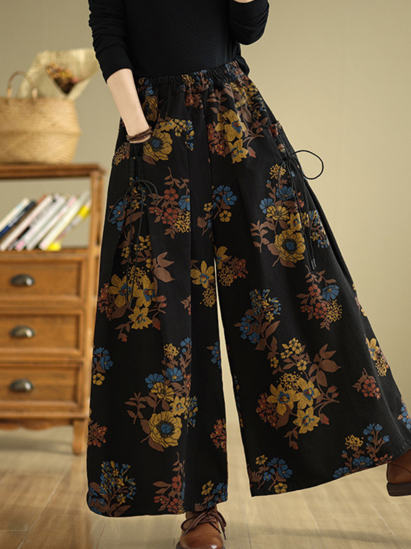 Floral Wide-Leg Denim Cotton Palazzo Pants with Pockets, Effortless Elegance