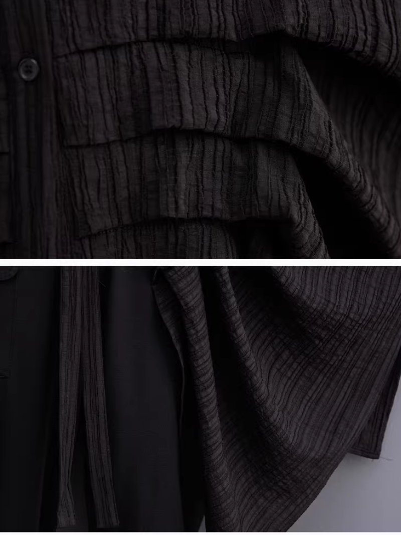 Asymmetric Pleated Oversized Shirt Tunic in Polyester, Sculptural Statement Blouse