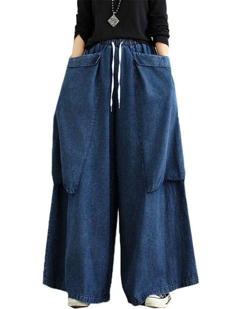 Artful Palazzo Wide-Leg Jeans in Relaxed Denim Cotton with Drawstring