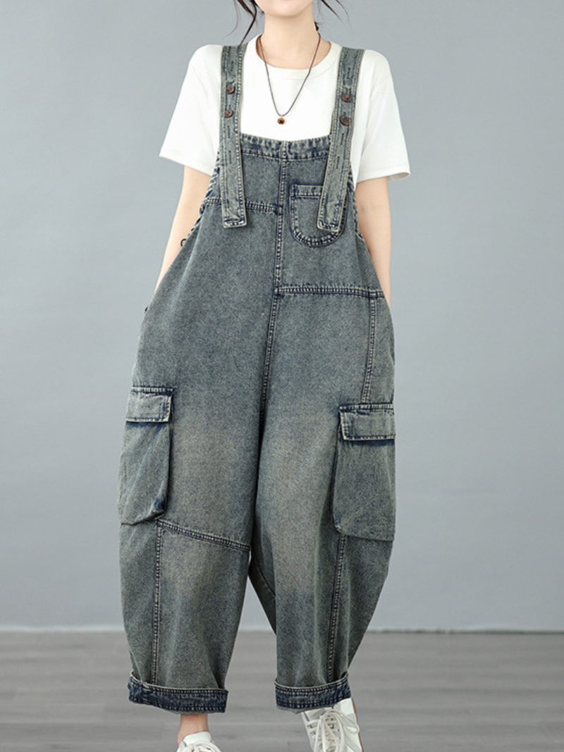 Relaxed Utility Denim Overalls with Cargo Pockets and Adjustable Straps for Women