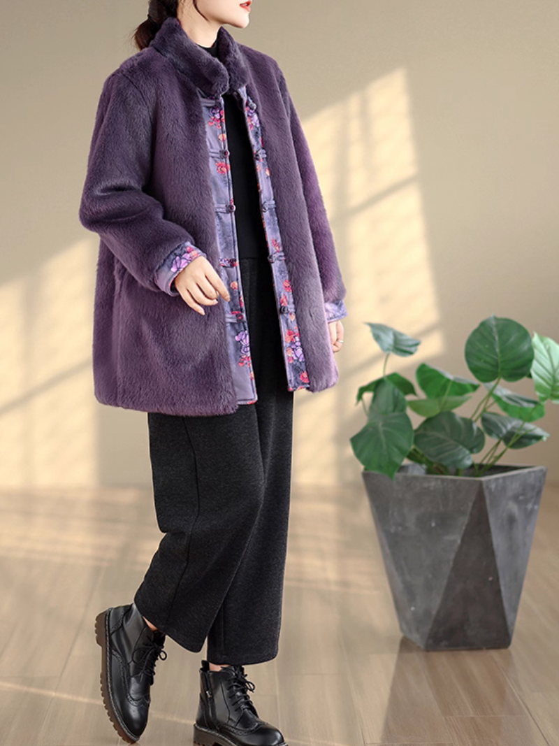 Elegant Mandarin-Collar Faux Fur Winter Coat in Imitation Mink Velvet