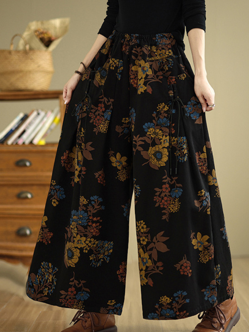 Floral Wide-Leg Denim Cotton Palazzo Pants with Pockets, Effortless Elegance