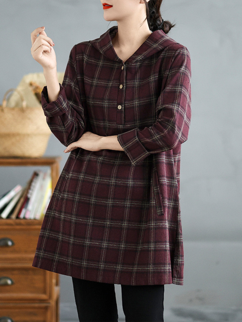 Look à la mode des femmes Plaid Hooded Loose Mid-Long Tops Shirts