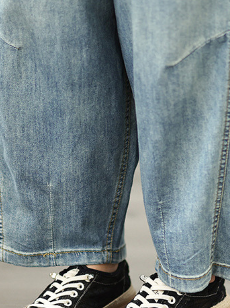 Barrel-Leg Pull-On Denim Cotton Pants for Women, Relaxed Tapered Jeans
