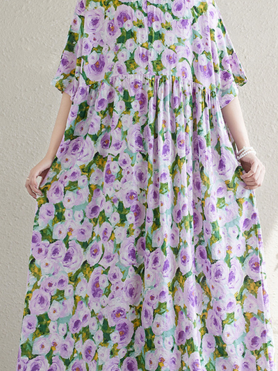 Women's Summer Printed Flower High Waist Smock Dress
