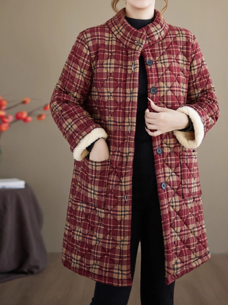 Quilted Plaid Stand-Collar Coat in Cotton&Flax with Patch Pockets Warm