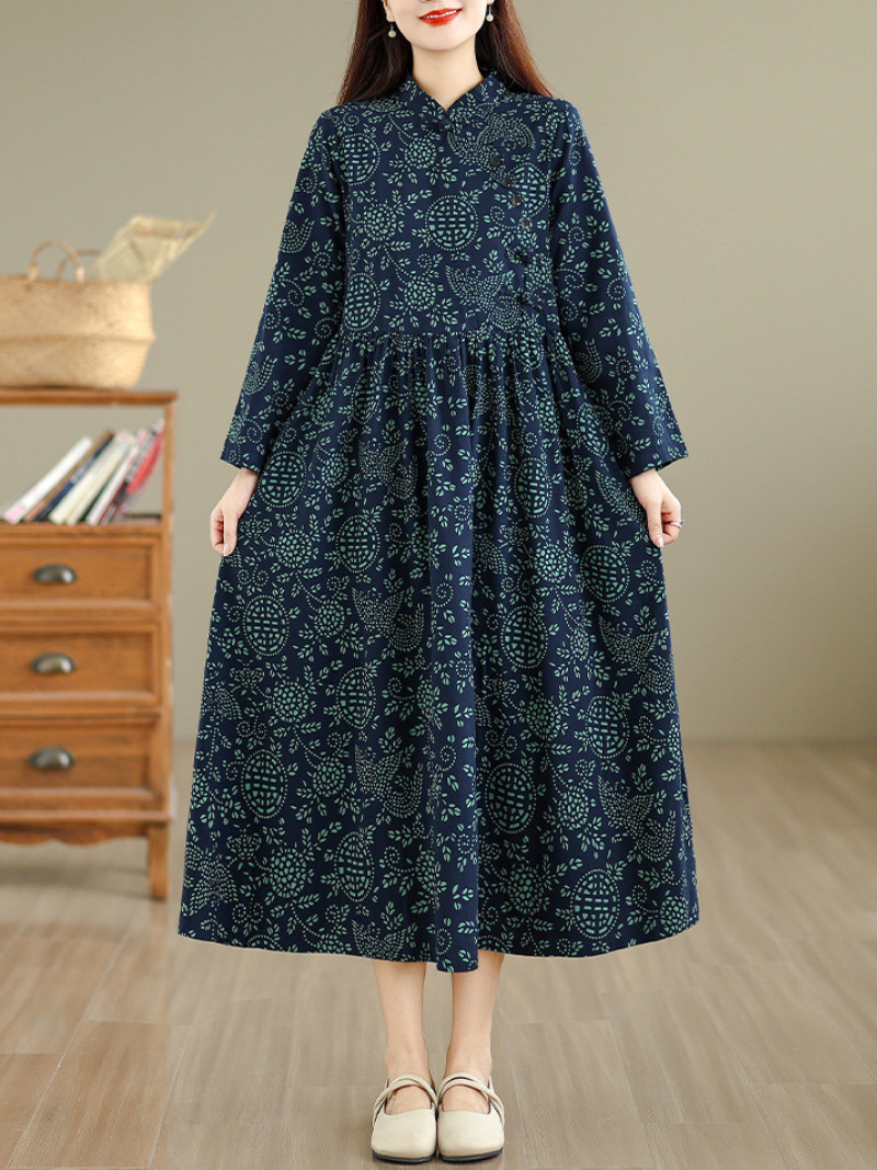 Artisanal Print Cotton Maxi Dress with Mandarin Collar and Long Sleeves