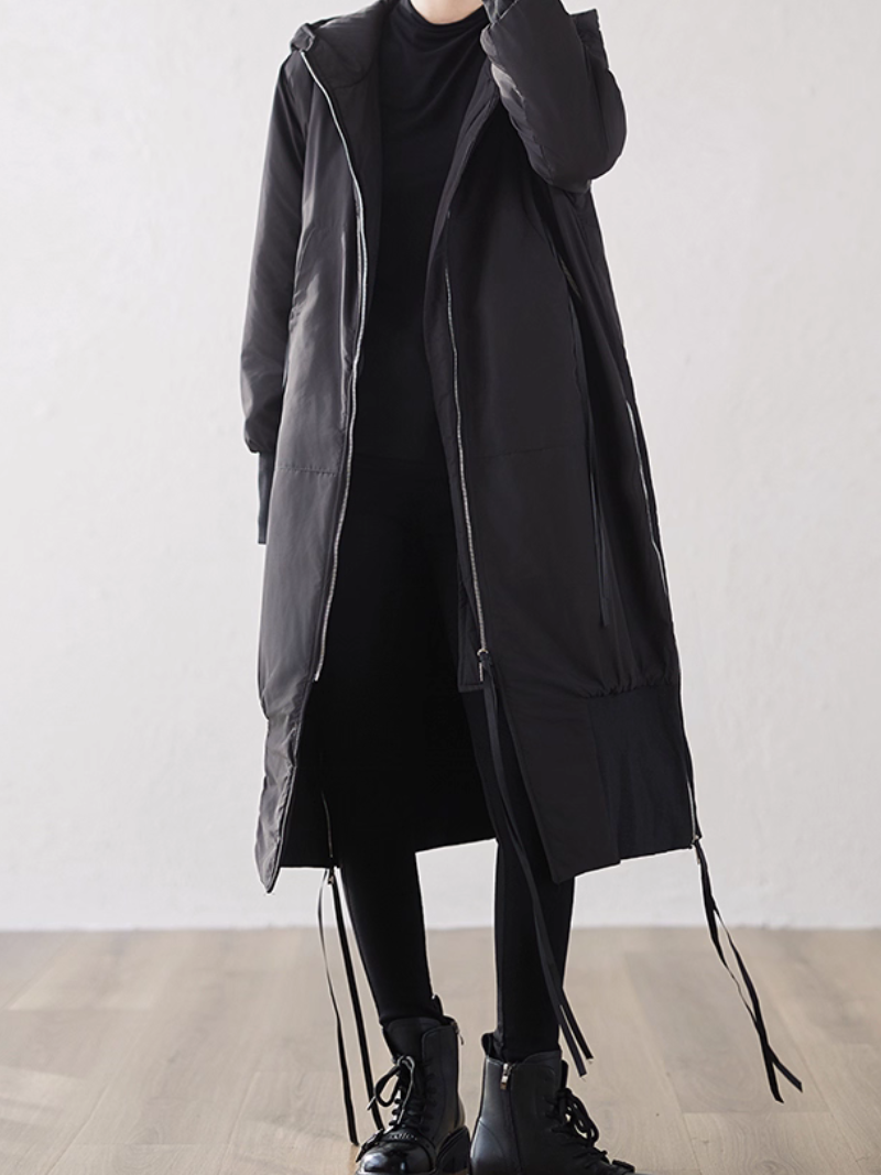 Minimal Longline Hooded Coat for Women, Sleek Zipped Parka Outerwear