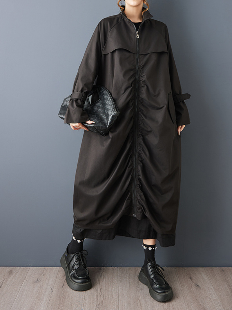 Avant-Garde Maxi Cocoon Coat with Zip Front, Minimal Oversized Silhouette
