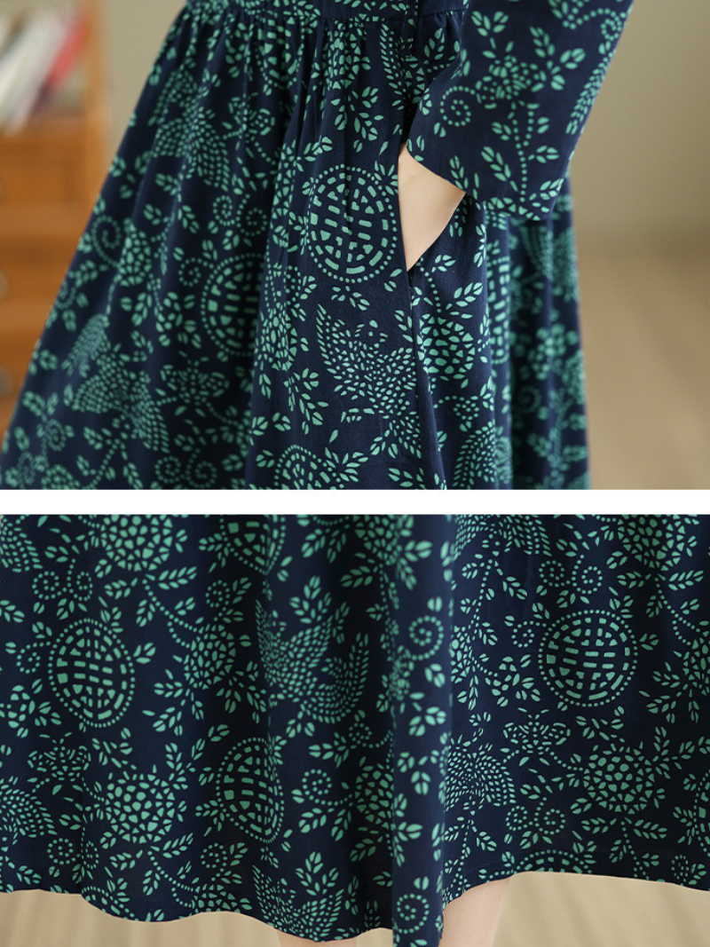 Artisanal Print Cotton Maxi Dress with Mandarin Collar and Long Sleeves