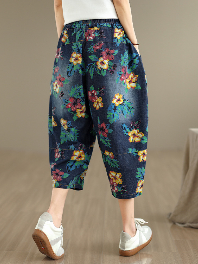 Chic Cotton Floral Harem Pants with Drawstring Waist and Oversized Pockets