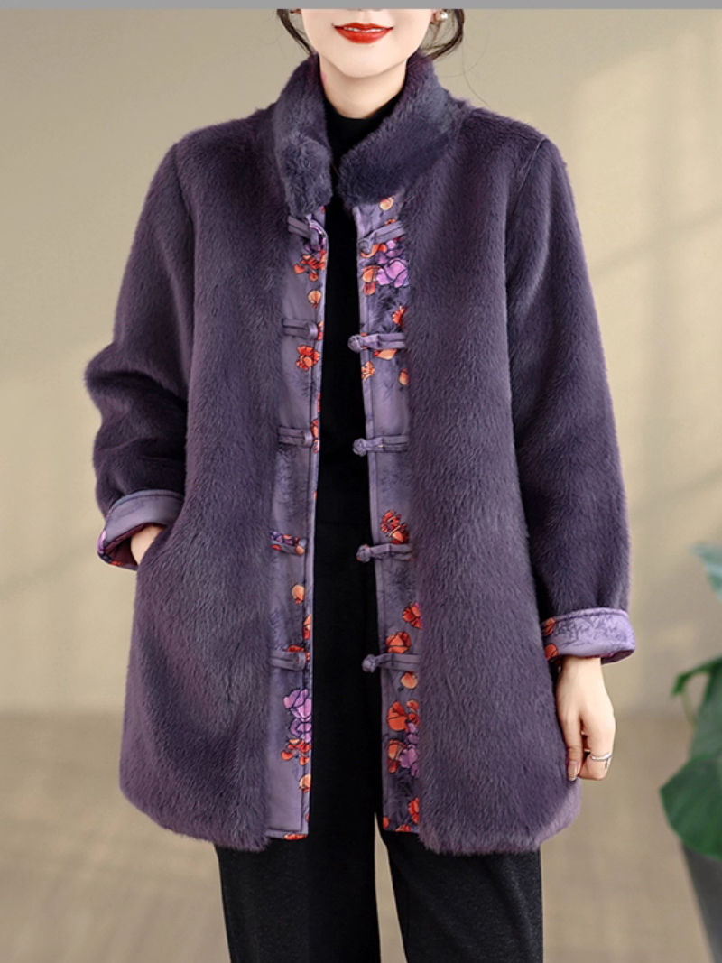 Elegant Mandarin-Collar Faux Fur Winter Coat in Imitation Mink Velvet