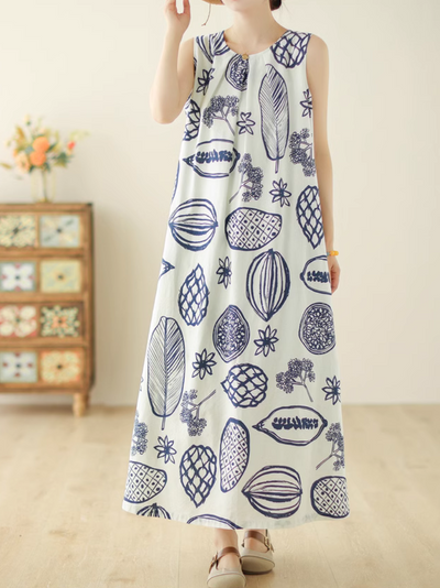 Women's Tropical Plant And Flower Print Sleeveless A-Line Dress