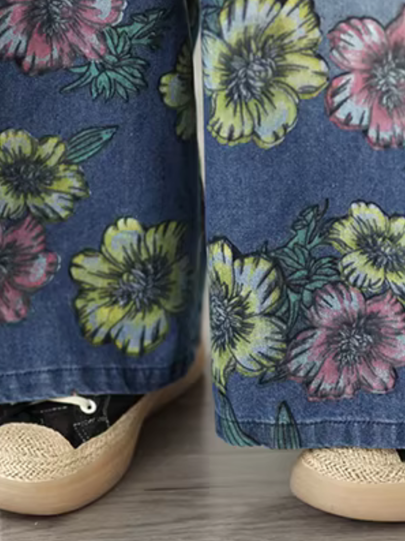 Floral Wide-Leg Denim Cotton Palazzo Pants with Pockets, Effortless Chic