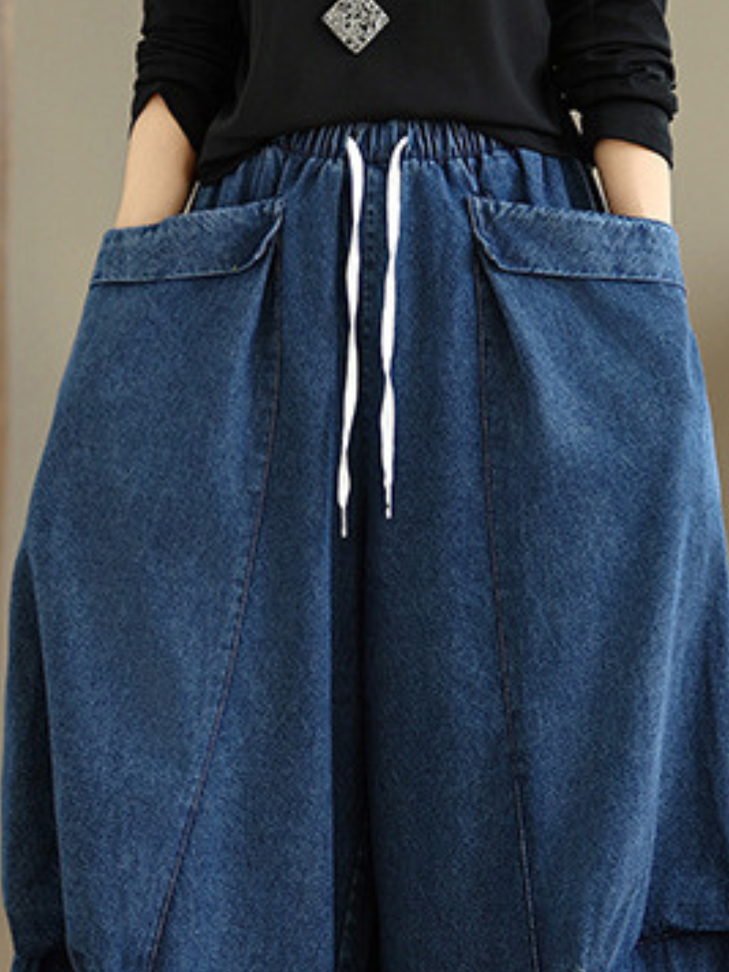 Artful Palazzo Wide-Leg Jeans in Relaxed Denim Cotton with Drawstring