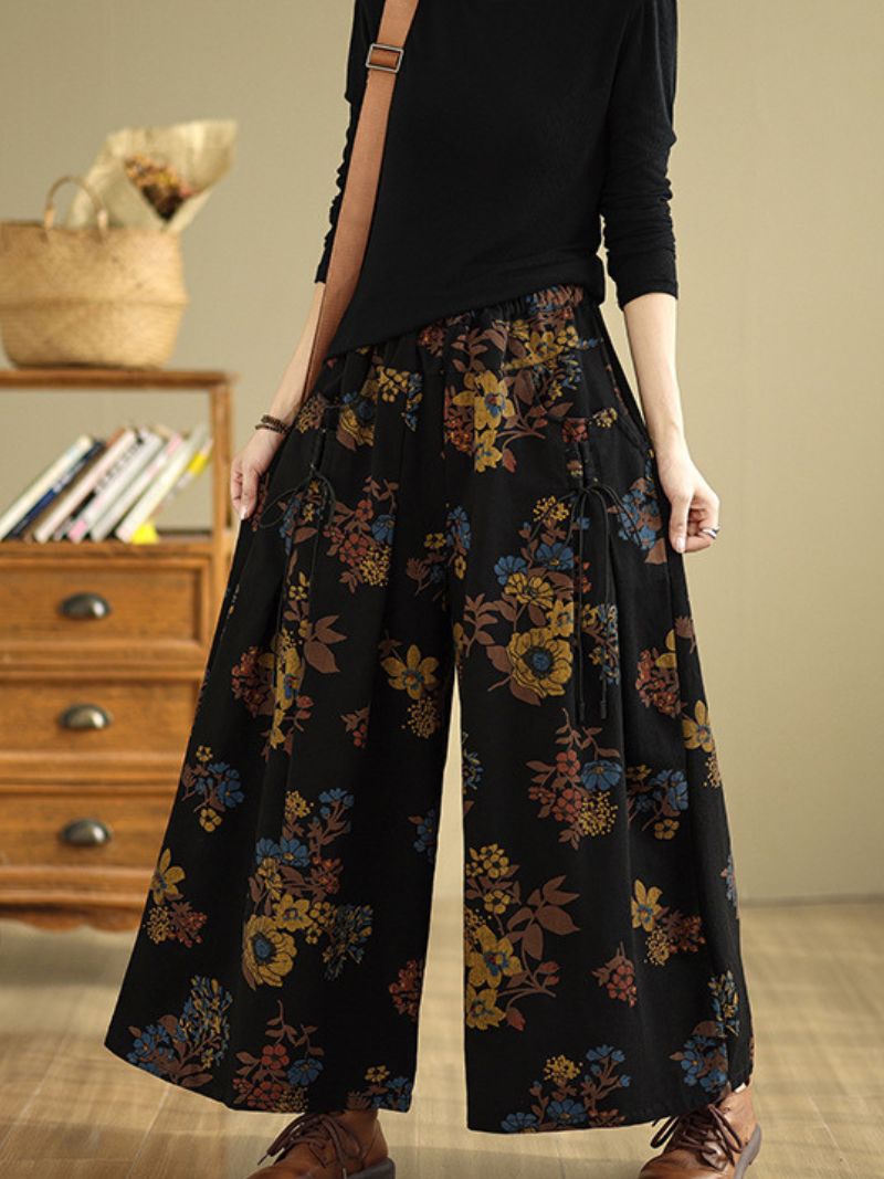 Floral Wide-Leg Denim Cotton Palazzo Pants with Pockets, Effortless Elegance