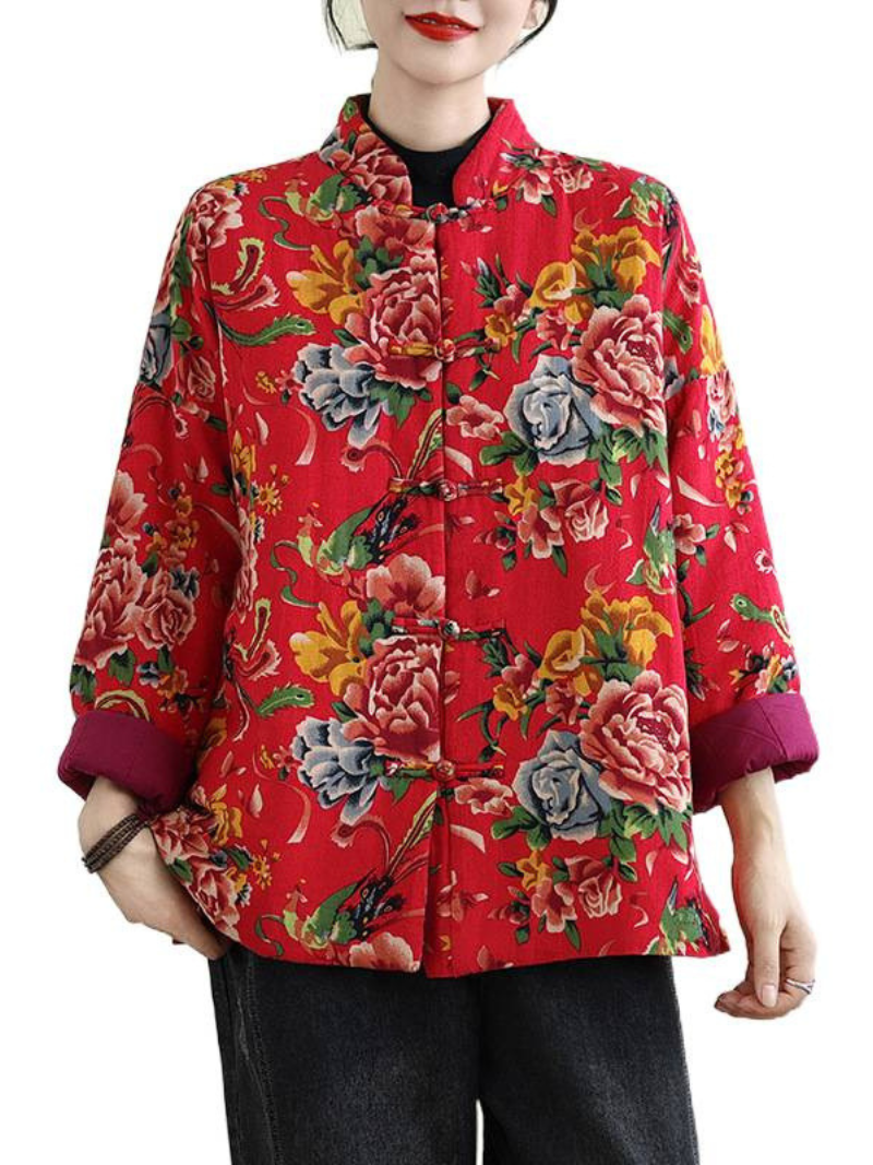 Mandarin-Collar Floral Jacket in Cotton&Flax, Elegant Heritage Layer for Evenings