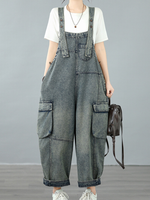 Relaxed Utility Denim Overalls with Cargo Pockets and Adjustable Straps for Women