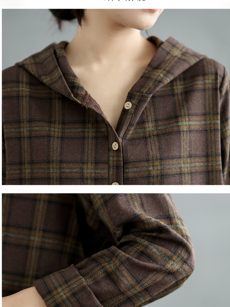 Look à la mode des femmes Plaid Hooded Loose Mid-Long Tops Shirts