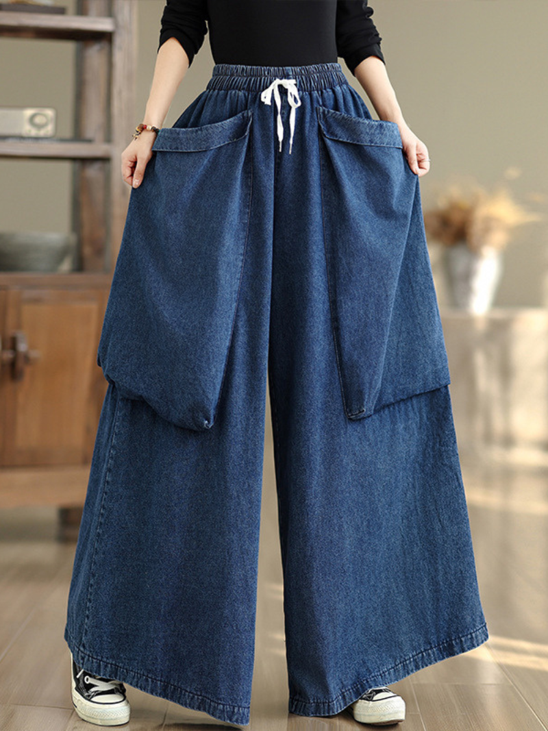 Artful Palazzo Wide-Leg Jeans in Relaxed Denim Cotton with Drawstring