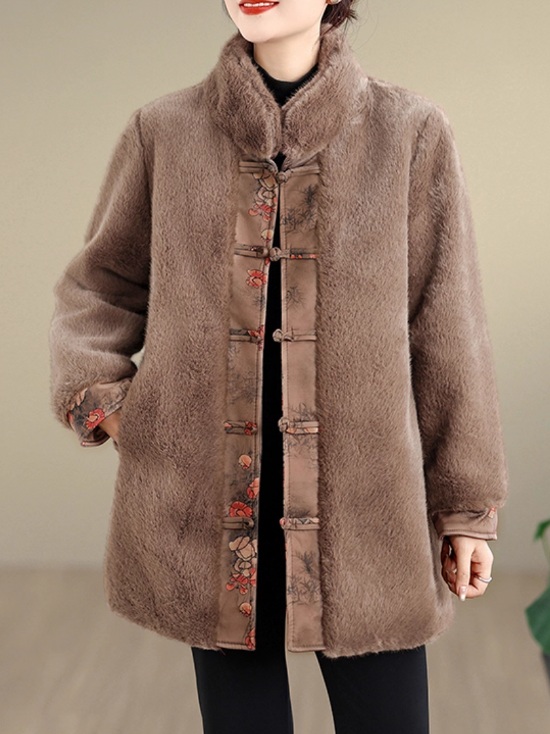 Elegant Mandarin-Collar Faux Fur Winter Coat in Imitation Mink Velvet